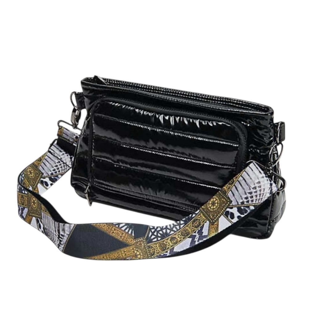Think Royln Bank Street Black Shiny Front Zip Wallet Patent Crossbody Purse